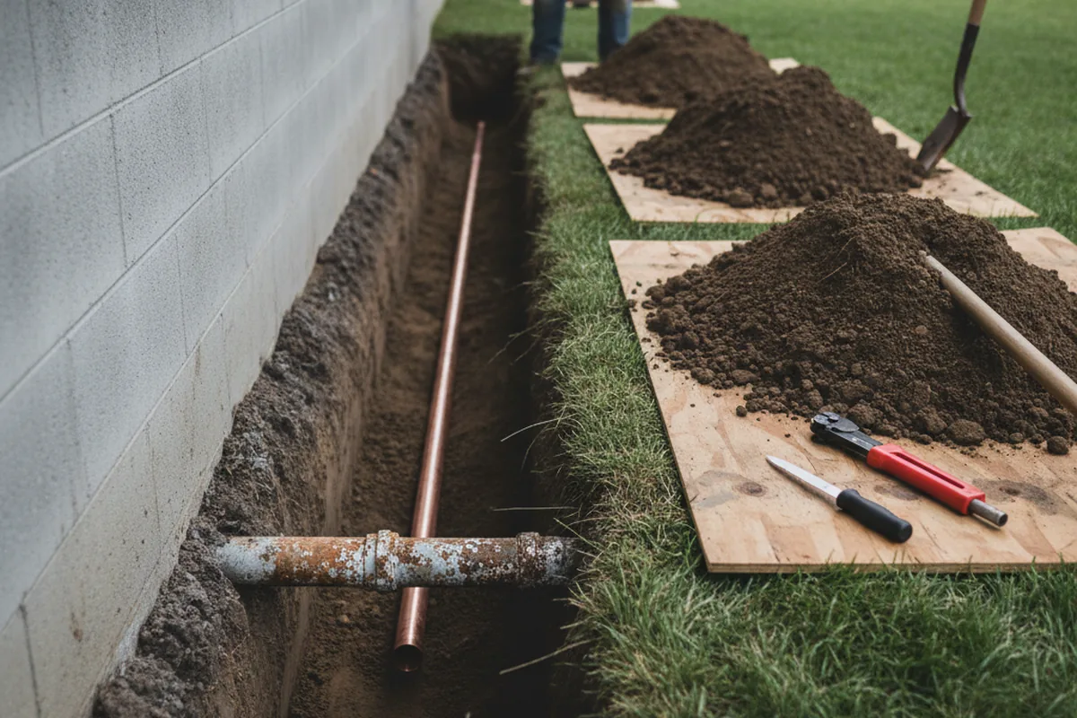 Excavated water line trench during Water Heater Repair in Westerly
